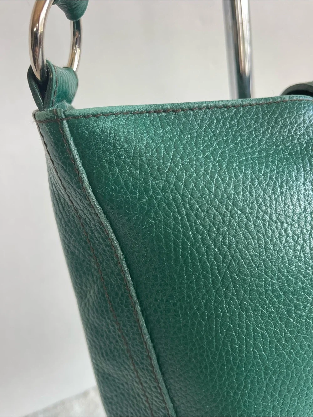 Furla Deep Green Leather Chrome Accent Satchel Women’s Bag